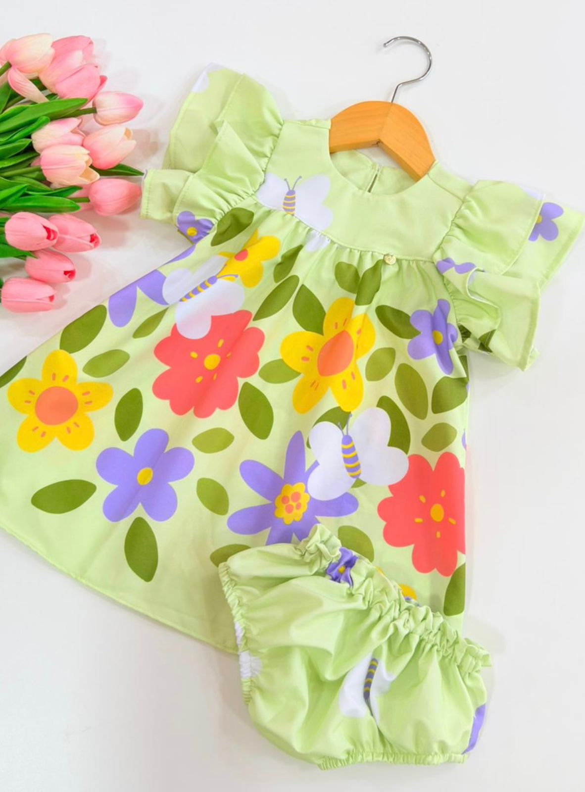 Vestido Baby com Calcinha - Verde Flores